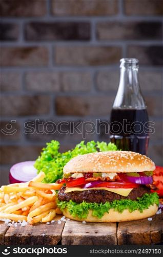 Hamburger with french fries and drink