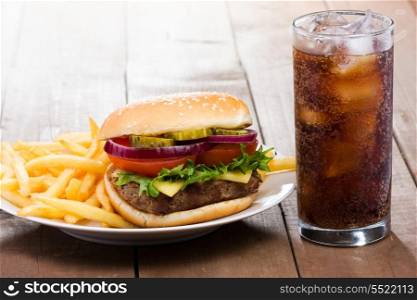 hamburger with fries and cola