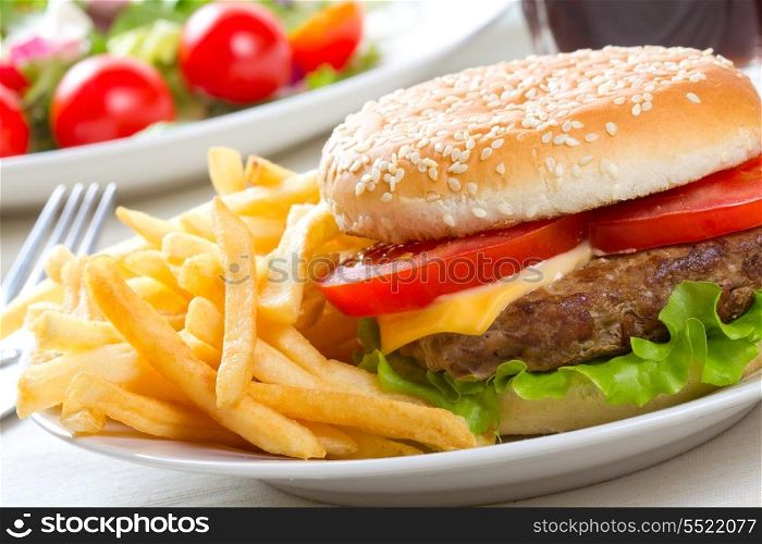 hamburger with fries and salad