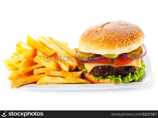hamburger with fries on white background