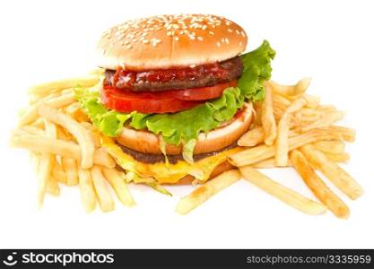 hamburger with potatoes isolated on white background