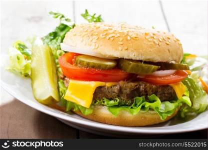 hamburger with vegetables and salad