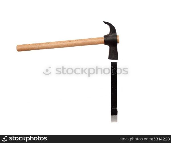 Hammer hitting a chisel isolated on a white background