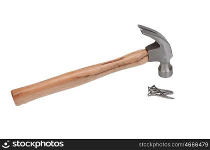 Hammer hitting a nail isolated on white background