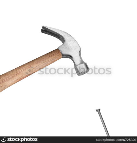 Hammer hitting a nail on white background.. Hammer