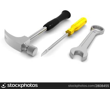 Hammer, skrewdriver and spanner. 3d