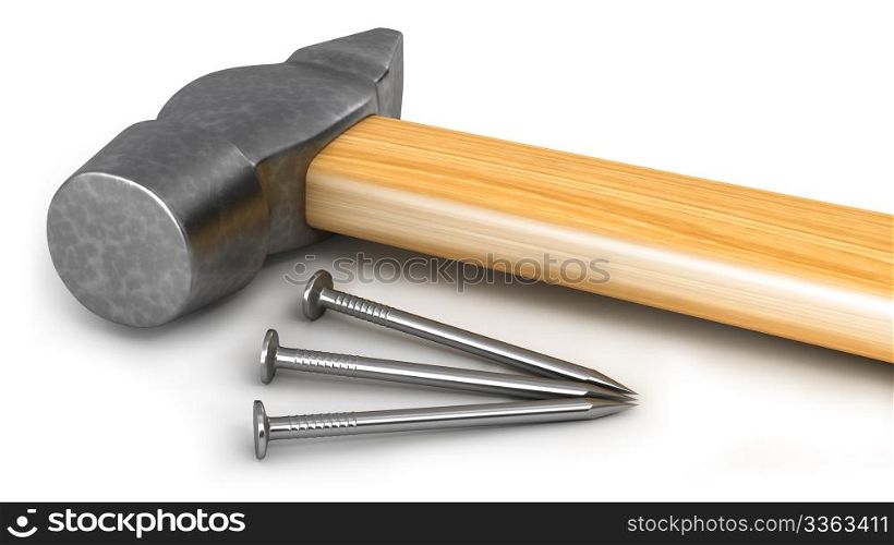 Hammer with few nails isolated on white background