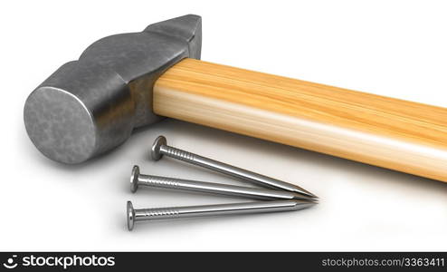 Hammer with few nails isolated on white background