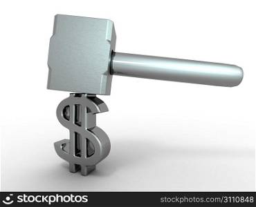 Hammer with sign dollar. 3d
