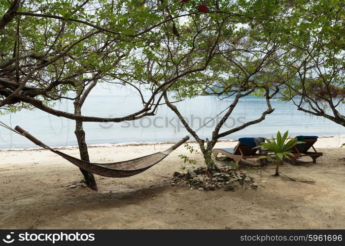 Hammock in the shade of a tree on a tropical beach