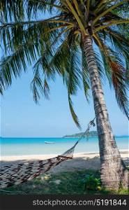 Hammock in the shade of palm trees on a tropical beach