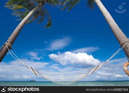 Hammock on beach. Palm trees and hammock on tropical beach