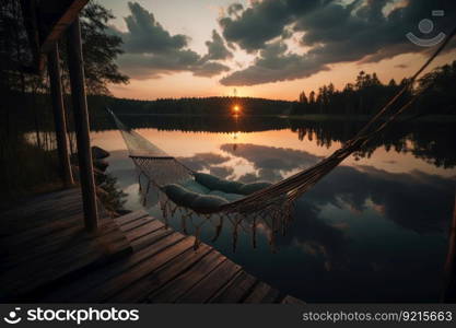 hammock with view of the sunset over a calm lake, created with generative ai. hammock with view of the sunset over a calm lake