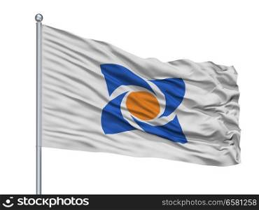 Hanamaki City Flag On Flagpole, Country Japan, Iwate Prefecture, Isolated On White Background. Hanamaki City Flag On Flagpole, Japan, Iwate Prefecture, Isolated On White Background