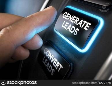Hand about to press a generate leads button with blue light over black background. Concept of lead management. Composite between a photography and a 3D background. Horizontal image. Generating and Converting Sales Leads