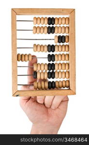 hand and a wooden Abacus isolated