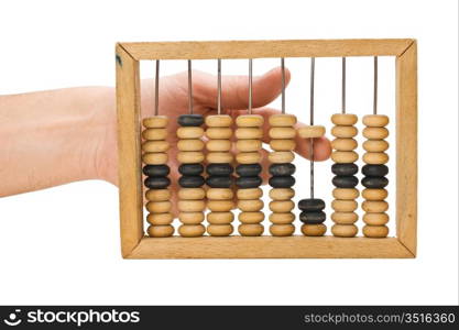 hand and a wooden Abacus isolated