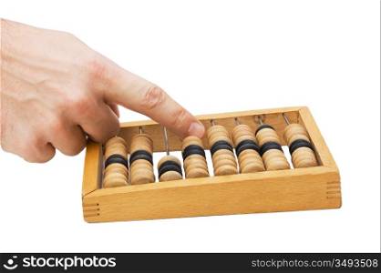 hand and a wooden Abacus isolated on white background