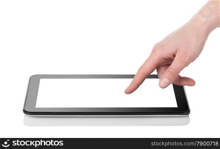 Hand and black tablet isolated on a white background