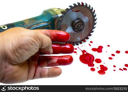 Hand and circular saw disc bloody on white background, Safety first, Dangers of using power tools