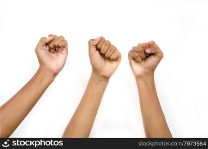 hand and fist from children for victory on white background