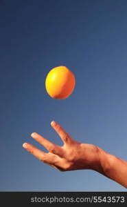 hand and flying orange at sunny day