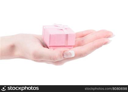 Hand and gift isolated on white background