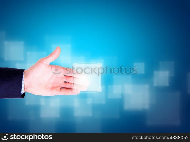Hand and icons. Close up of human hand pushing media icon