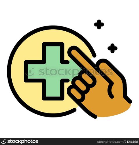 Hand and medical cross icon. Outline hand and medical cross vector icon color flat isolated. Hand and medical cross icon color outline vector