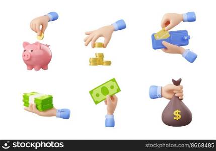 Hand and money 3D illustration icons set. Person putting coin in piggybank, making savings, taking credit card from wallet, holding paper bills, sack with dollar sign. Financial services, investment. Hand and money 3D illustration icons set