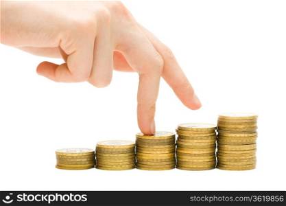 Hand and money staircase isolated on white background