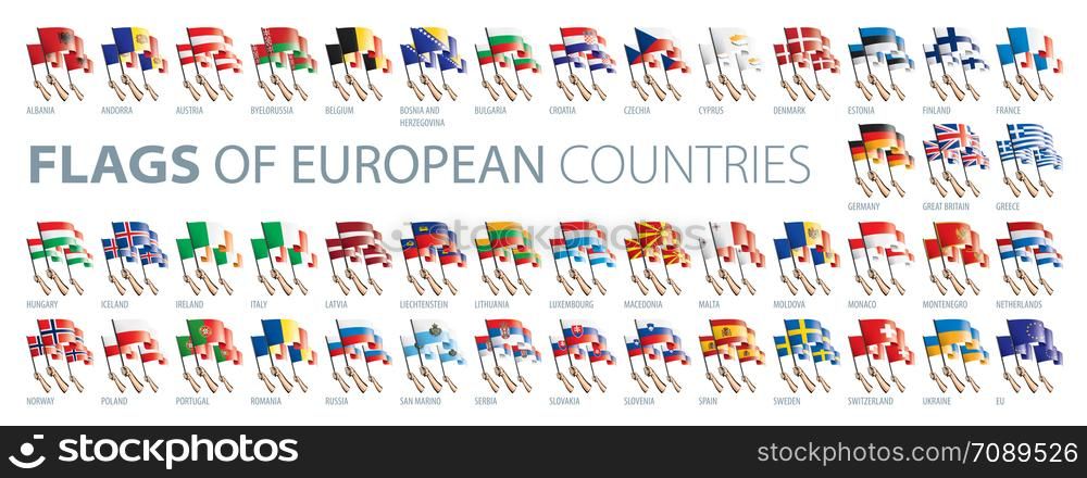 Hand and national flag. Vector illustration of a set of European flags.. Hand and national flag. Vector illustration of a set of European flags