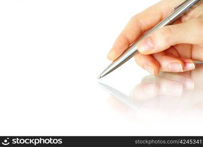 Hand and pen on the white background