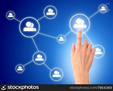 Hand and social network model. Over blue background.