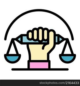 Hand balance justice icon. Outline hand balance justice vector icon color flat isolated. Hand balance justice icon color outline vector