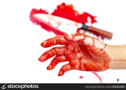 Hand bloody on white background, Social violence Halloween concept