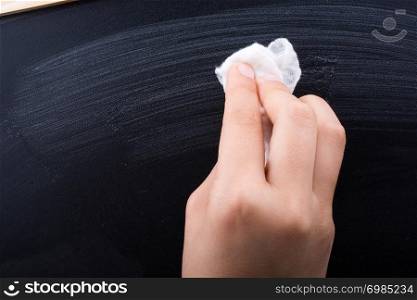 Hand cleaning blackboard on a white background