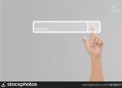 Hand click search button page on virtual screen. Idea for searching browse data information networking. Copy space for text.