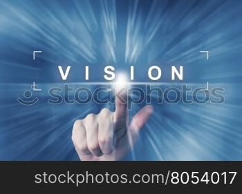 hand clicking on business vision button with zoom effect background