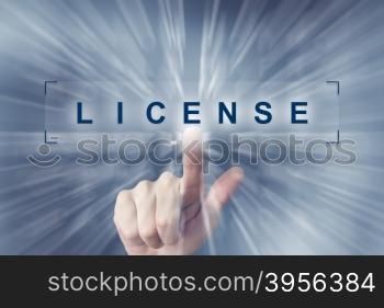 hand clicking on financial license button with zoom effect background