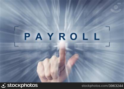 hand clicking on financial payroll button with zoom effect background