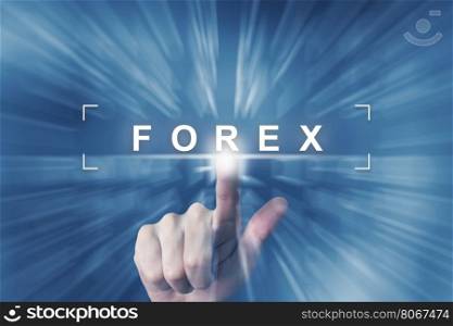 hand clicking on forex or foreign exchange button with zoom effect background