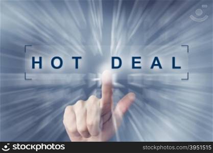 hand clicking on hot deal button with zoom effect background