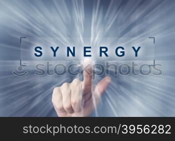 hand clicking on synergy button with zoom effect background