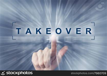 hand clicking on takeover button with zoom effect background