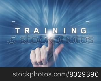 hand clicking on training button with zoom effect background
