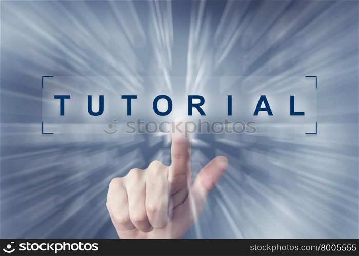 hand clicking on tutorial button with zoom effect background