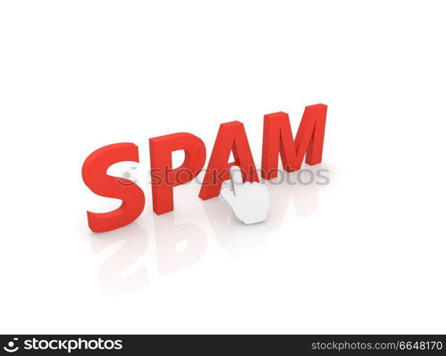 Hand cursor points to spam. 3d render illustration.. Hand cursor points to spam. 
