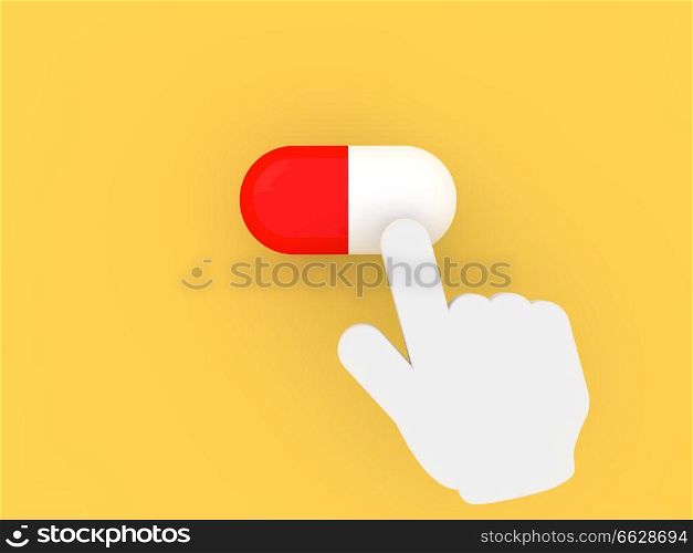 Hand cursor presses points on a medical pill. 3d rendering illustration.. Hand cursor presses points on a medical pill.