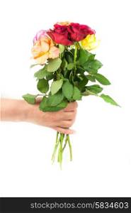 Hand delivering flowers isolated on white